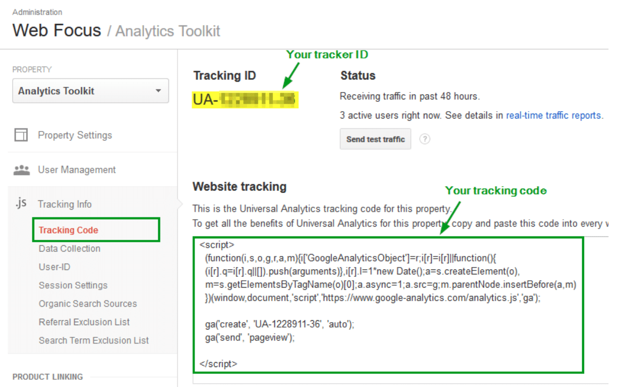 Website Tracking ID and code