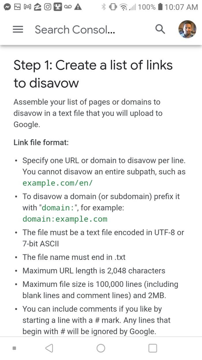 create list of disavow links to remove information from google