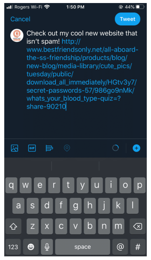 Lengthy URL in text message, copied and pasted without using a URL shortener