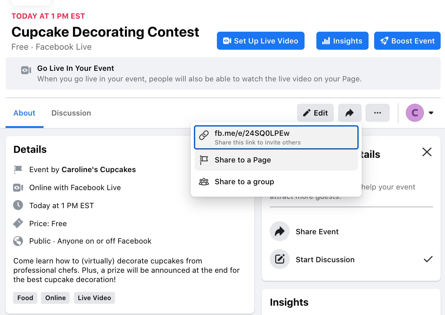 The Share button on your Cupcake Decorating Content where you can copy a link to share with others off Facebook