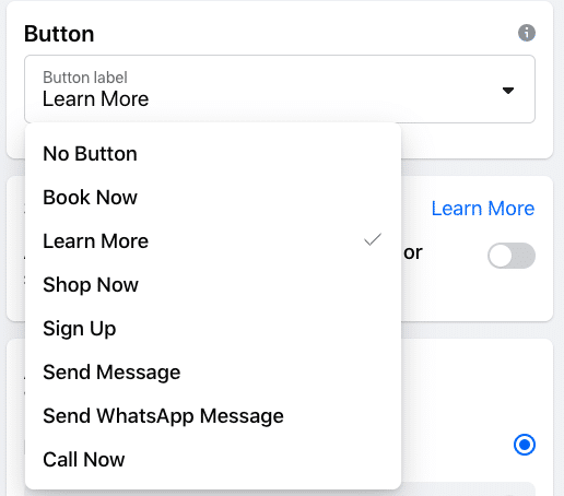 call to action button on Facebook ad