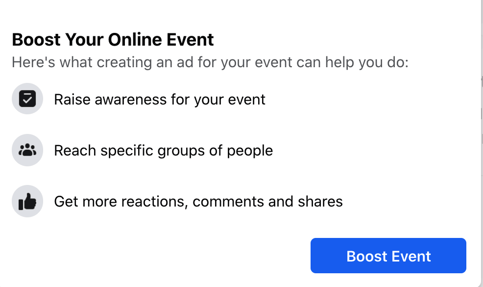 Facebook's Boost Your Online Event pop-up