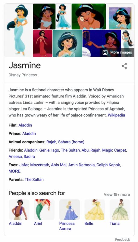 example of a knowledge panel: princess jasmine