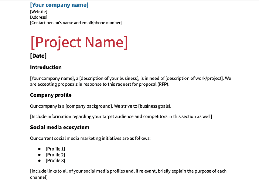 social media RFP template with company and project name