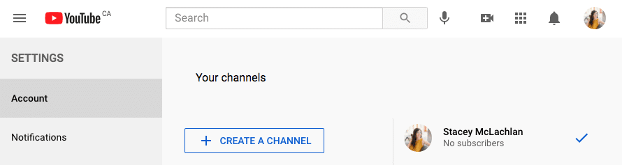 YouTube account page create a channel