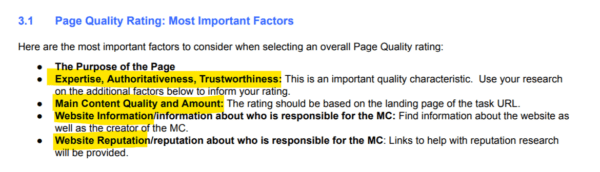 A screenshot of Google's Search Quality Evaluator Guidelines document, showing the "Most Important Factors"