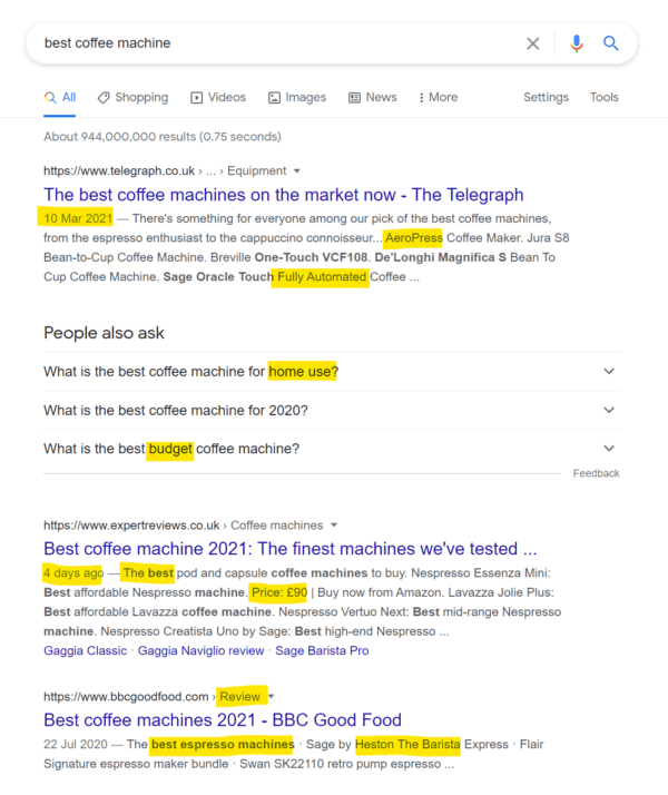 A screenshot of a Google search result for 'best coffee machine'
