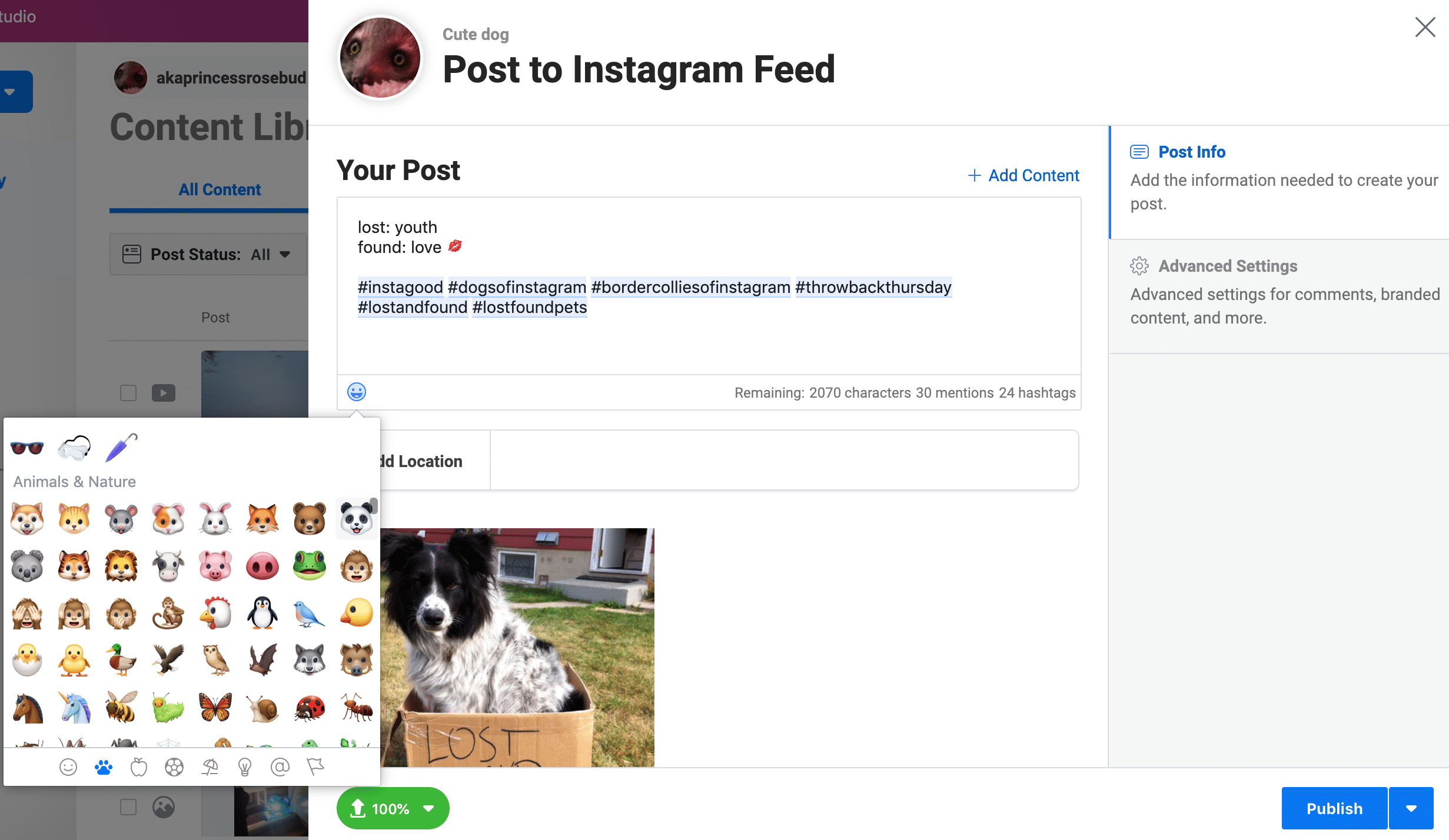 Using Creator Studio to schedule Instagram posts: Emoji options