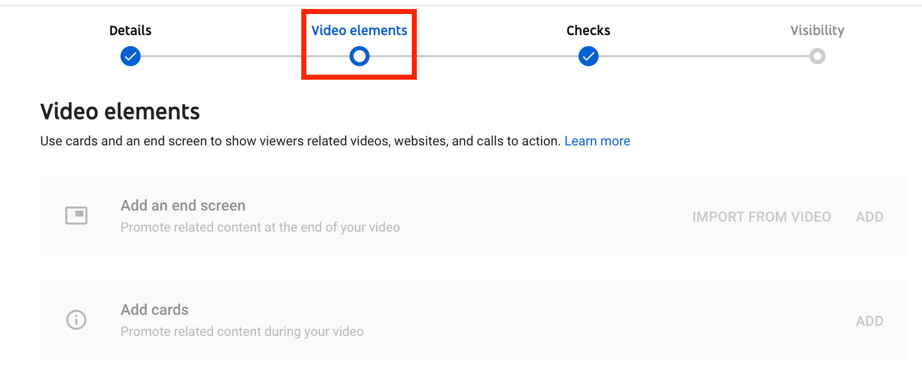 youtube creator studio video editing page with video elements tab highlighted in red
