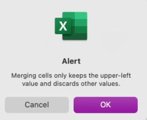An alert when merging cells in excel