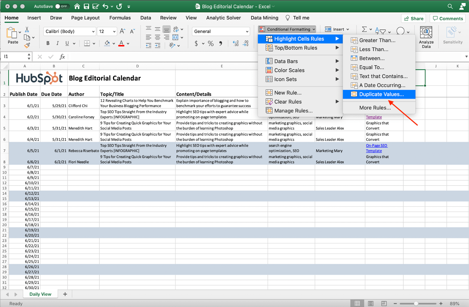 Screenshot of removing duplicate values in Excel.