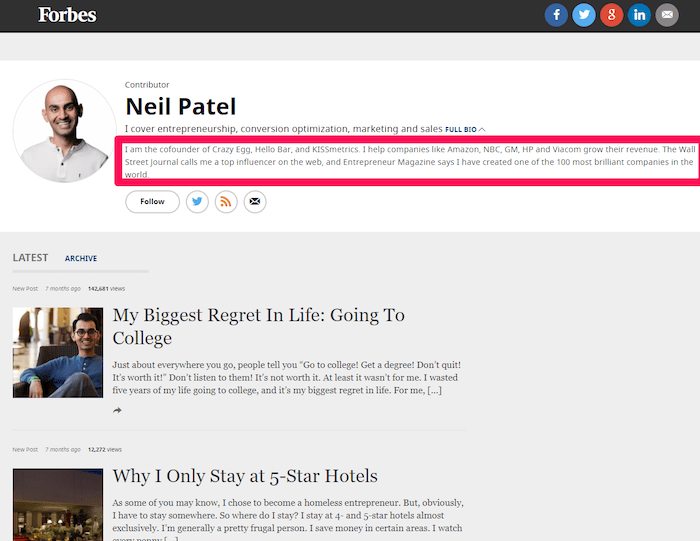Neil Patel on Forbes - personal branding strategy example, guest blogging