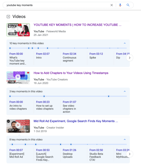 Image showing video search results featuring YouTube videos with Key Moments